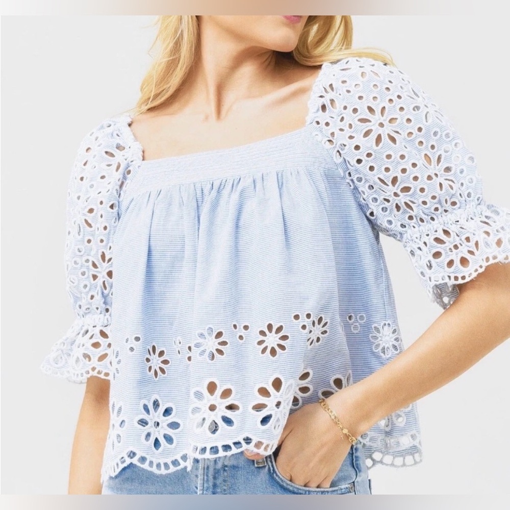 SAYLOR Light Blue Eyelet Puff-Sleeve Blouse